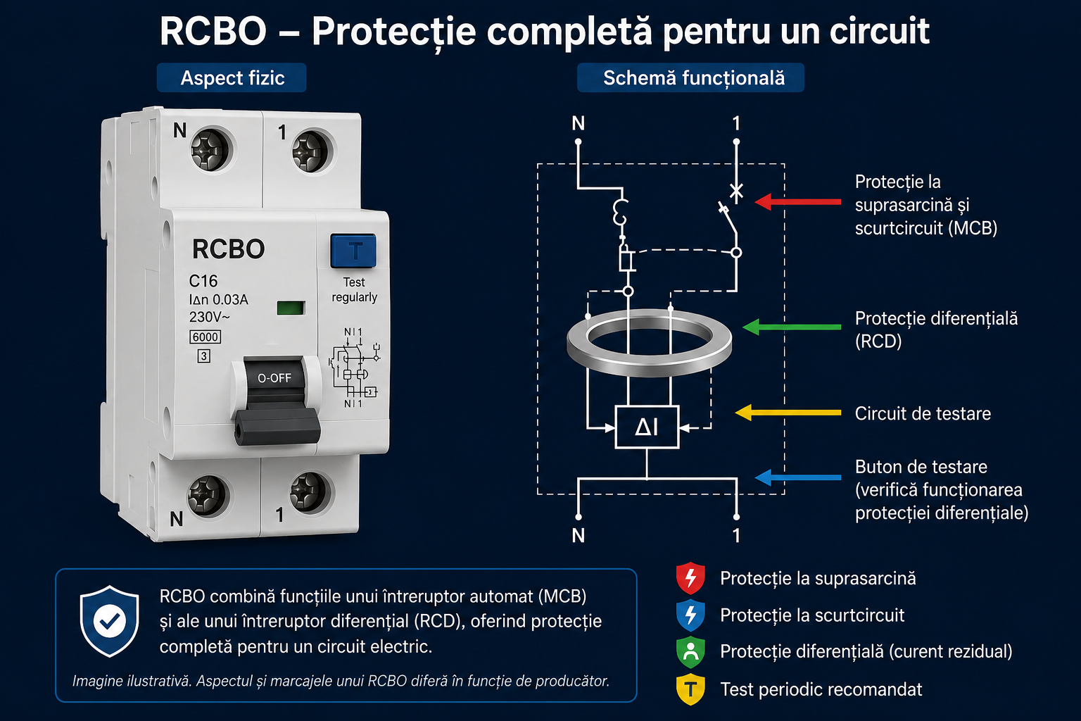 Schema RCBO - protecție la suprasarcină, scurtcircuit și curent diferențial